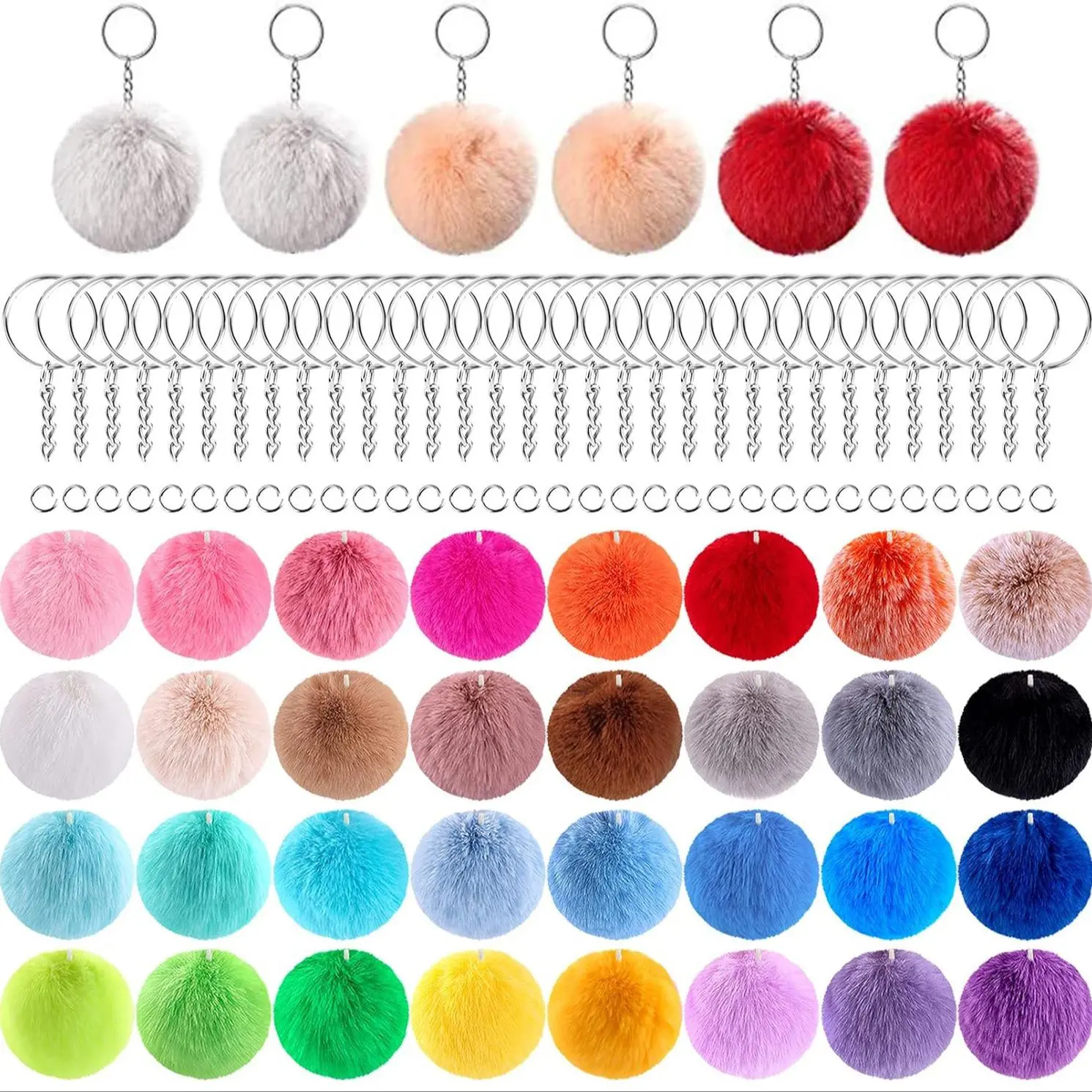 Mixed Color Plush Ball Keychain Making Materials Set, 80pcs/set DIY Jewelry Making Supplies for Women & Teenager, DIY Jewelry Making Accessories, Handmade Keychain, DIY Keychains