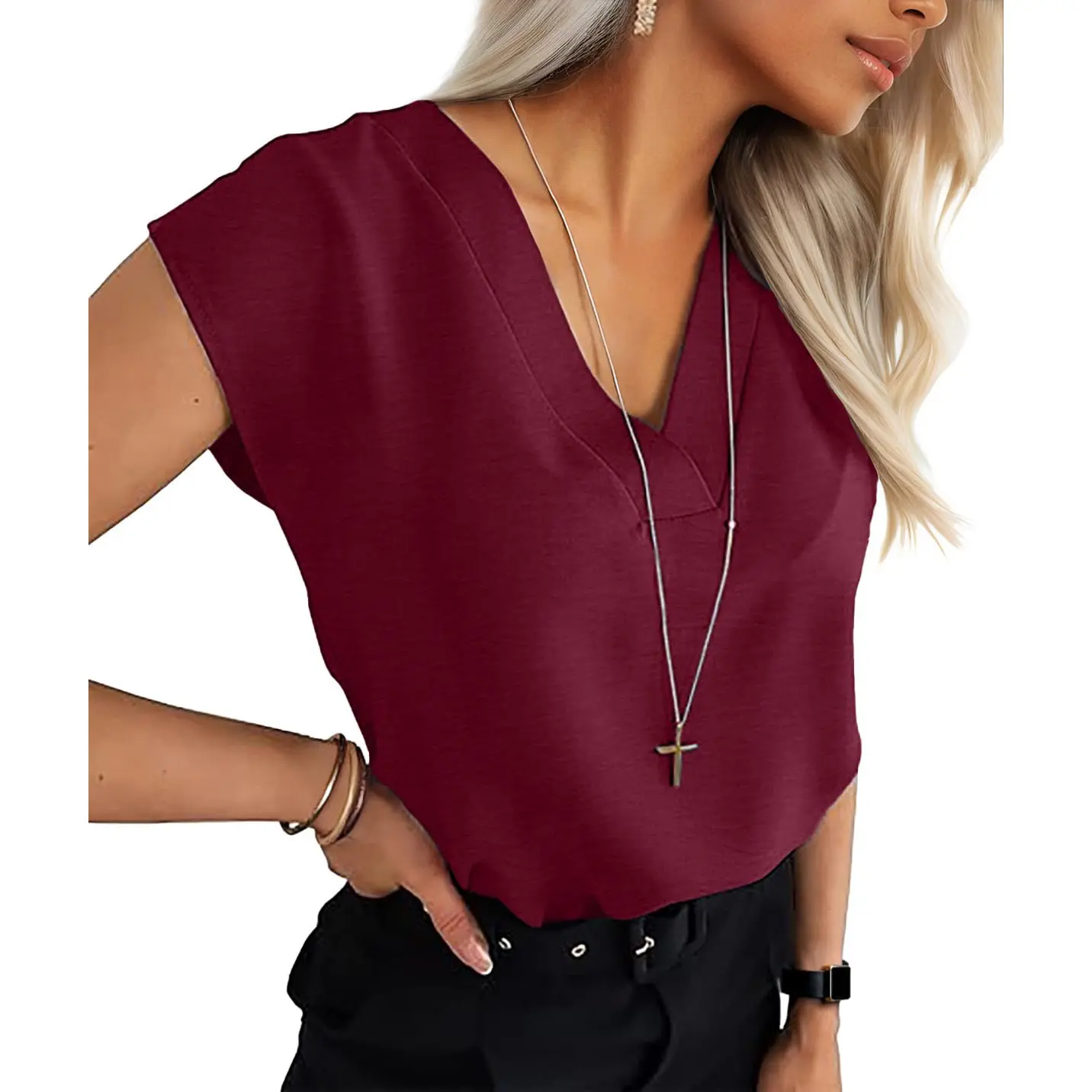 Lepunuo Womens Summer Tops Cap Sleeve Textured Dressy V Neck Shirts 2026 Work Office Blouses Business Casual Outfits