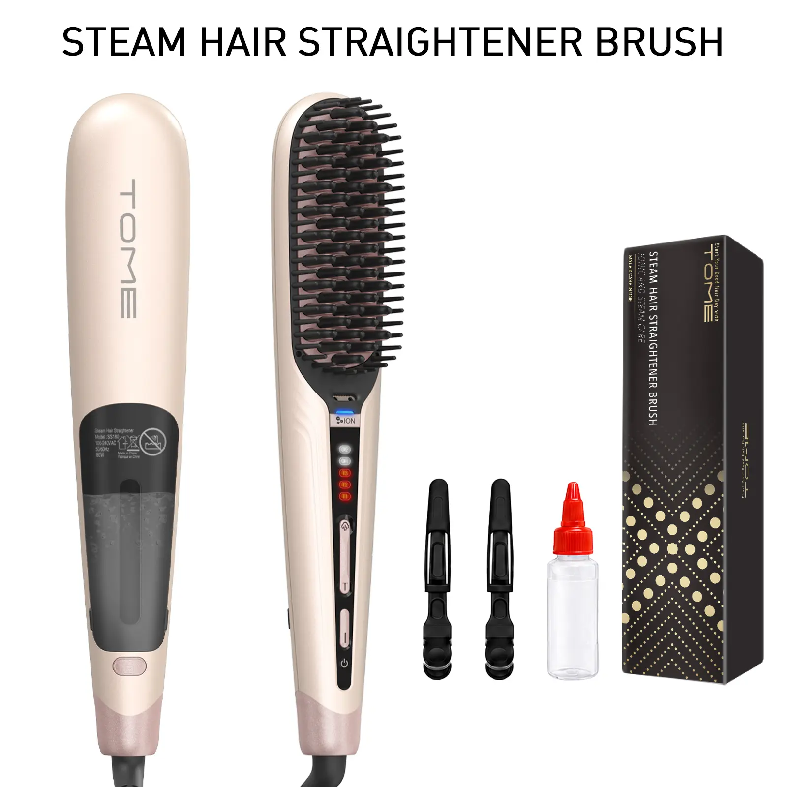 TOME Steam Hair Straightener Brush for Frizz Control, 2 Steam Levels & 3 Heat Settings, Anti-Scald Fast Styling Brush, Dual Voltage 100-240V, Adjustable, Daily, Smooth