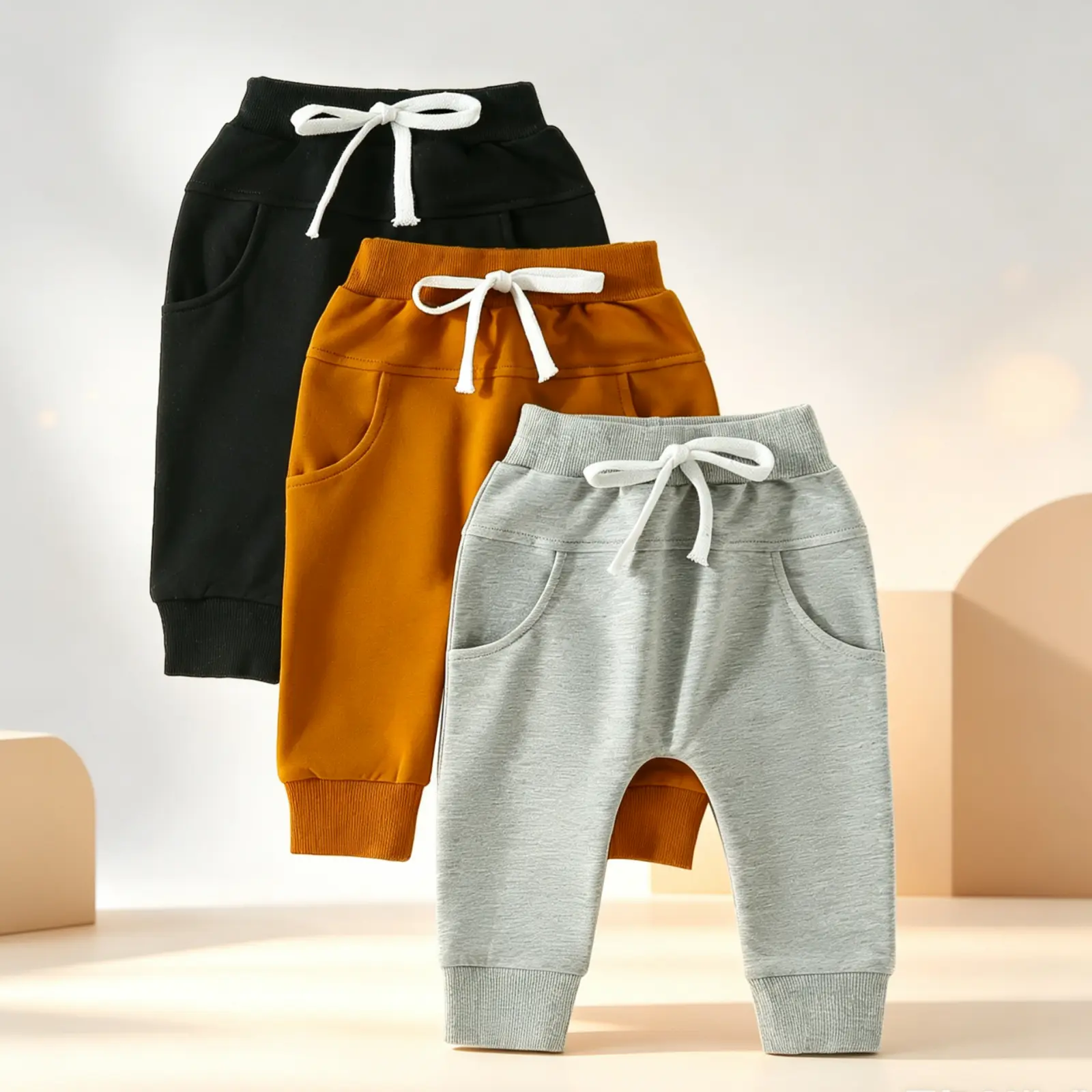 3PC Baby Boys Pants Infant Harem Pants Toddler Active Joggers Pants Casual Athletic Trousers Solid Color Pocket Bottoms