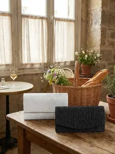 Elegant Glitter Evening Clutch, Silver Color Metal Bar & Ruched Handbag, Perfect for Wedding Party, 2 Stylish Designs