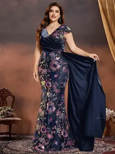 Plus Size High Quality Colorful Embroidered Sequin Spliced Slim Fit Cap Sleeve Luxury Evening Gown for Mother of the Bride and Bride