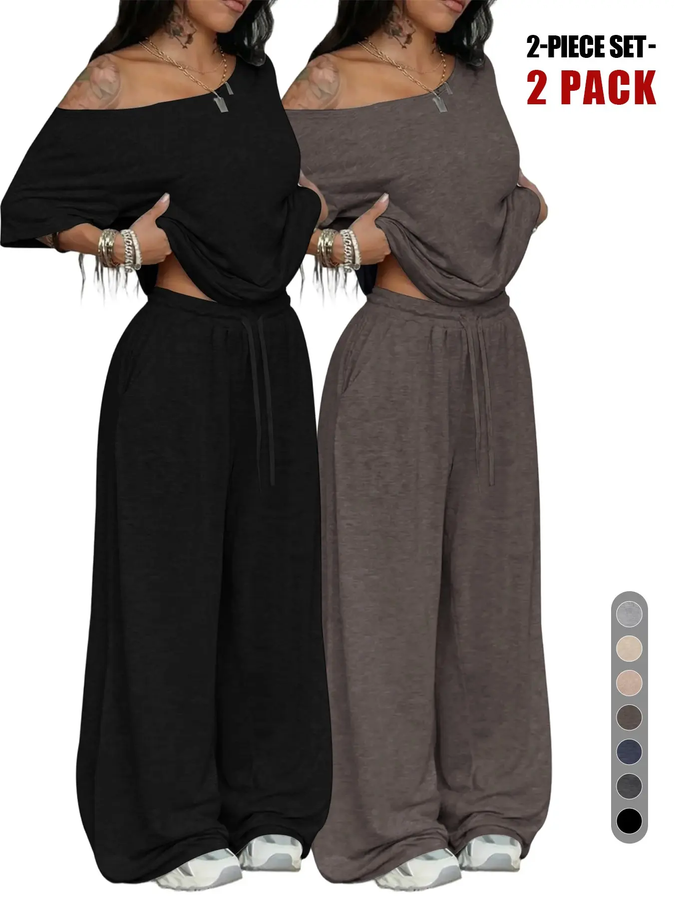 Women's 2 Piece Matching Lounge Set, Pajama Set, Pjs, Nightwear, off the Shoulder Short Sleeve Top, Wide Leg Sweatpants, Casual Loungewear, All Seasons