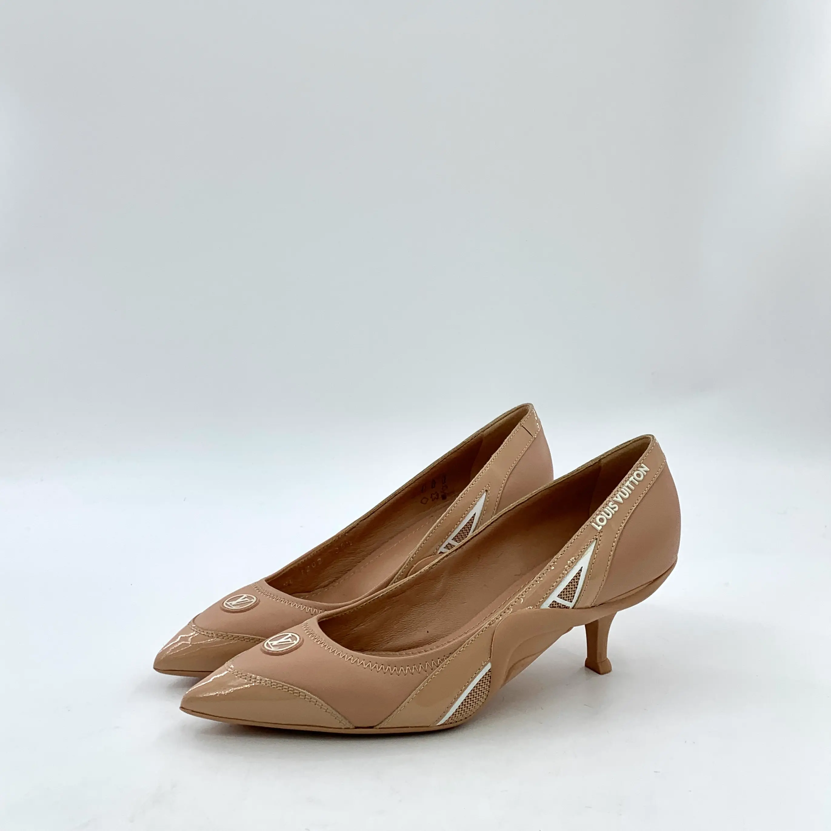 RDLT-Louis Vuitton Size 36.5 Nude Pointed Toe Patent Leather Logo Stiletto Heels-J34012