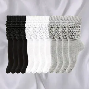 6 Pairs Socks Retro Solid Cotton Boot Calf Socks Chunky Ribbed Cozy Slouchy Socks-2 pairs gray, 2 pairs white, 2 pairs black