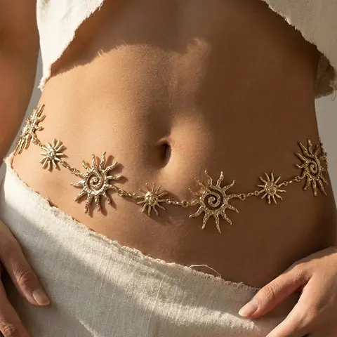 Vintage Sun Embellished Waist Chain, Dual Layer Metal Belly Chain with Adjustable Design Perfect for Jeans, Dresses & Pants, Body Chains, Fashion Accessory for Women