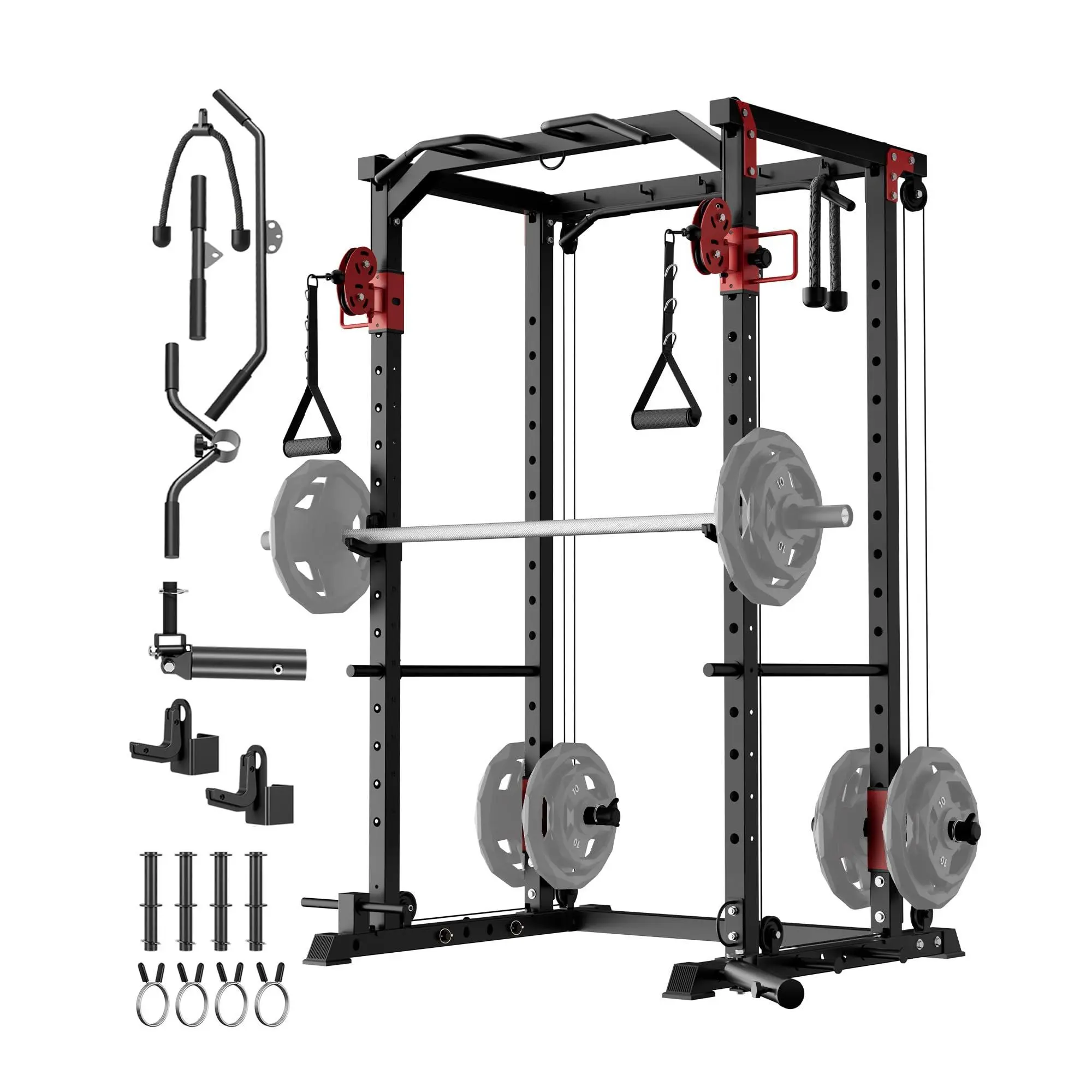 Power Cage, Multi-Functional Power Racks for Home Gym with Dual Pulley Systems, 1200 LBS Weight Capacity Fitness Squat Rack for Strength Workout with More Training Attachment, Red