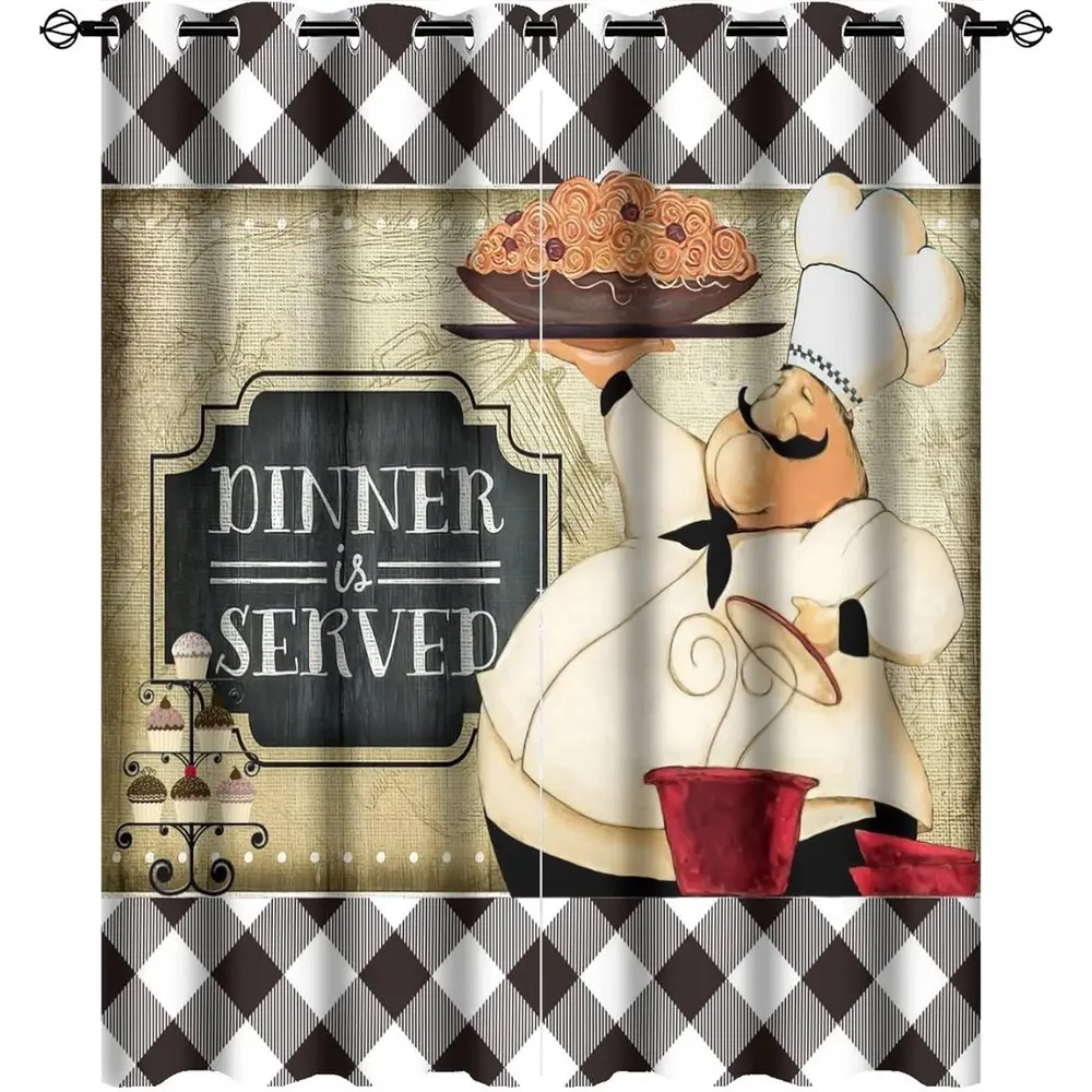 Vintage Medieval Fat Chef Black Check Plaid Home Decoration Privacy Grommet Kitchen Curtains - 2-Panel Energy Saving Thermal Insulated Drapes for Living Room, Mother's Day Gifts, Summervibes, Home Decoration Curtain, Privacy Grommet Curtains