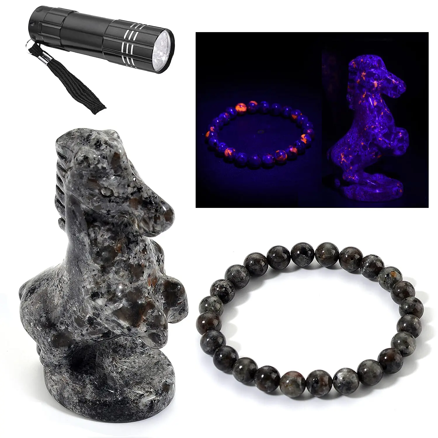 Natural Yooperlite 915.00 ctw Pixiu and Beaded Stretch Bracelet with Free UV Flash Light