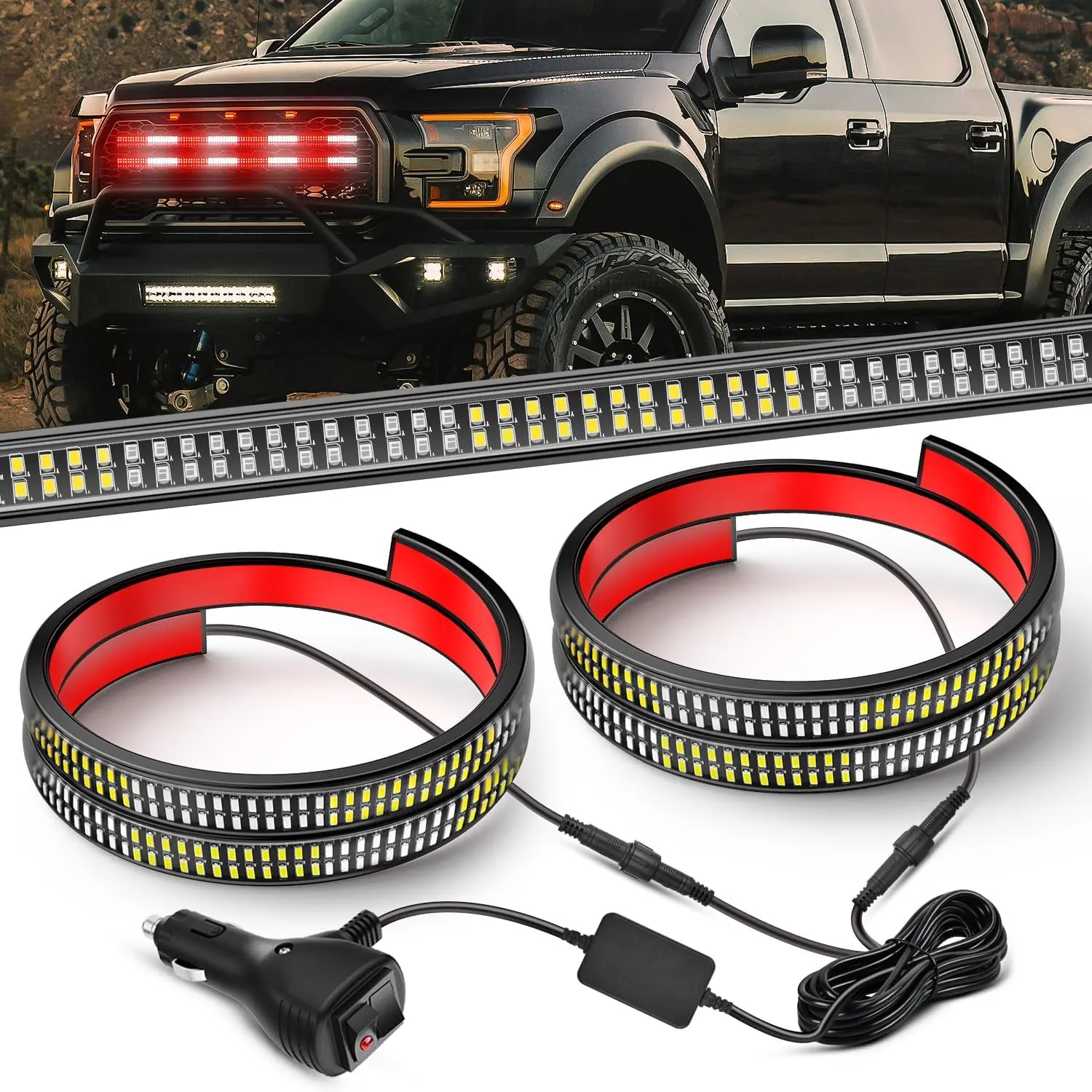 Nilight 2PCS 24-in Grille Strobe LED Light Strip Kit, 384-LED Red White Flexible Side Flashing Waterproof PVC 2-in-1 12V Plug Safety Strobe Lights for Trucks, Construction Vehicles & Semi Truck Accessories
