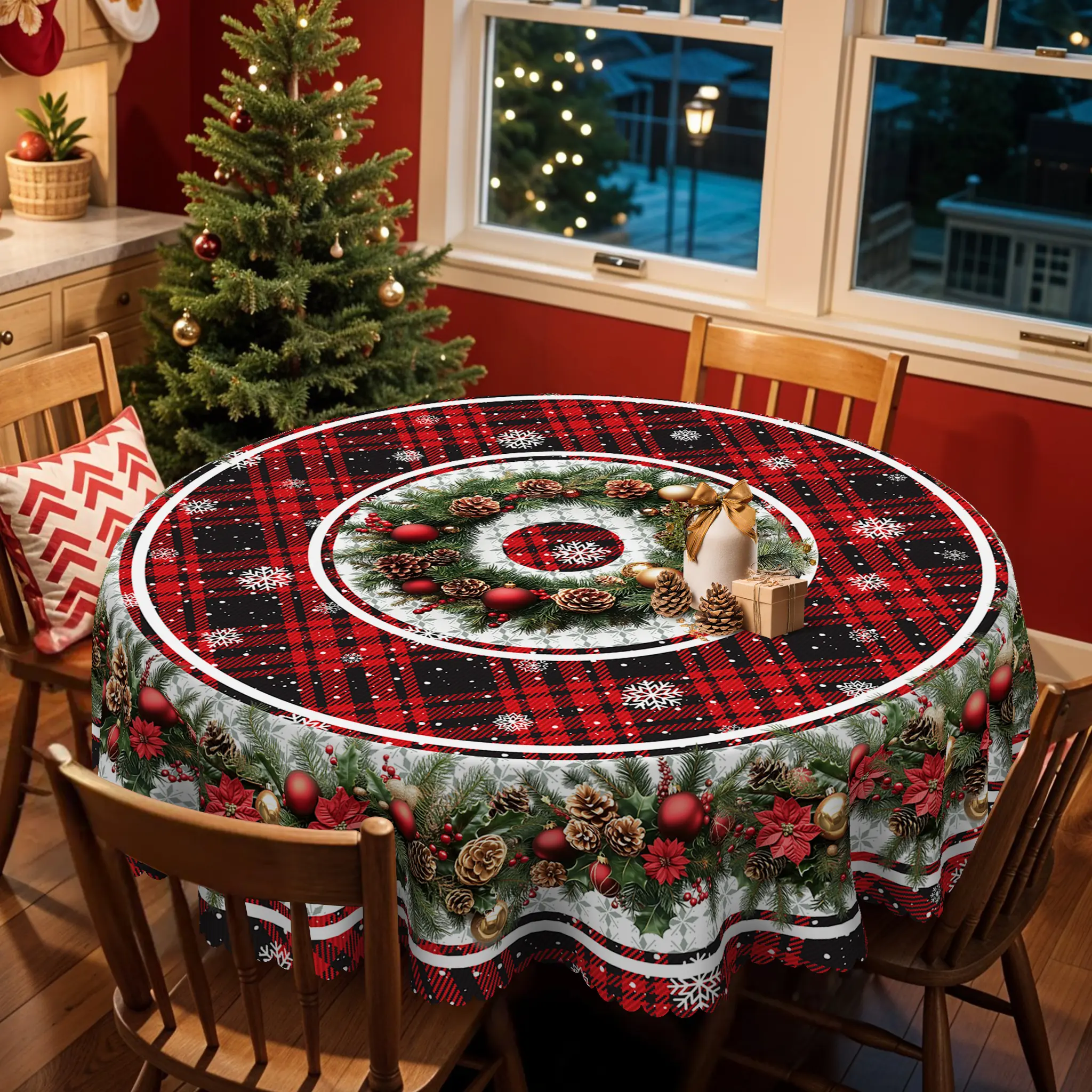 1pc, Christmas Atmosphere Themed Print Tablecloth - Rectangle Table Cover With Christmas Flower, Red Buffalo Grid Pattern, Xmas Decor, Holiday Party Indoor Dining Decor, Round Table Cloth, Christmas Party, Festive Home Kitchen Accessory Gift