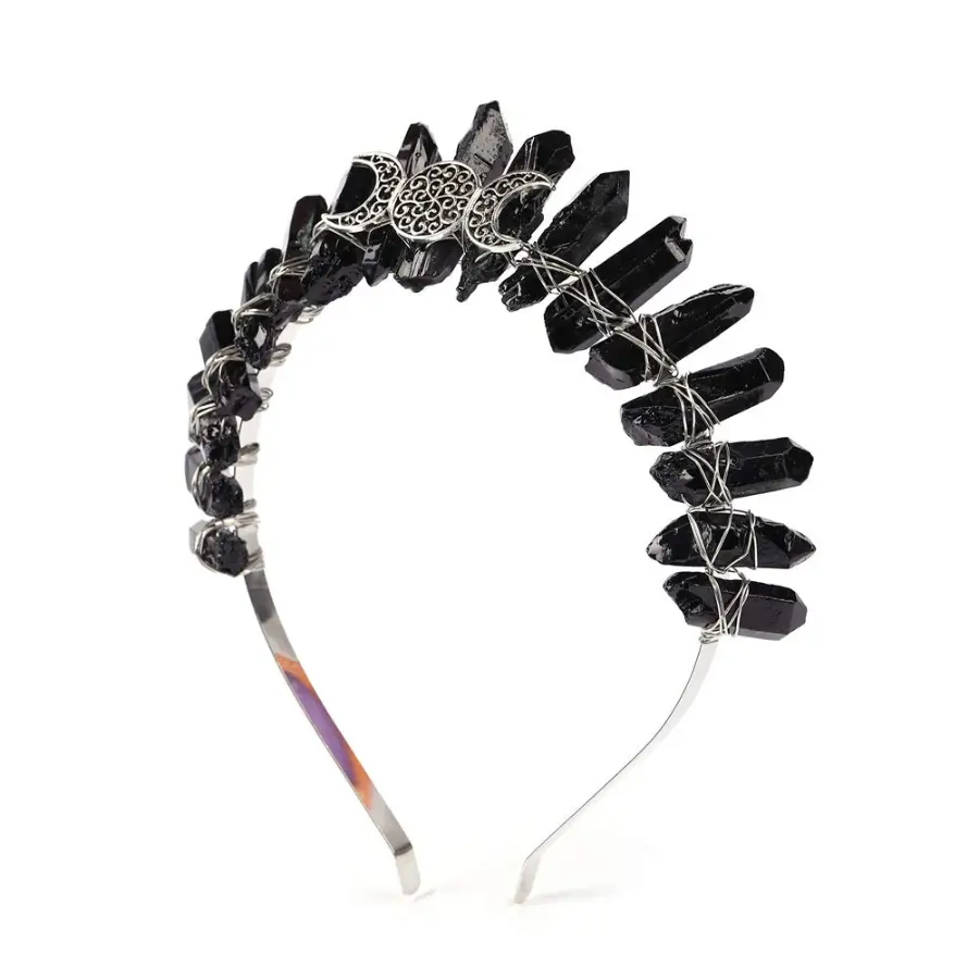 Black Raw Crystal Moon Goddess Tiara Headband, Natural Quartz Gothic Witch Crown, Cosplay Party Hair Accessory