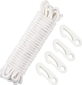 Shappy Flag Rope 50 Feet Flag Pole Halyard Rope and Clips Kit 4 Pieces Nylon Pole Hook Clips Snap Hooks, Halyard for Flagpoles up to 25 Feet, Tie Pull Swing Climb and Knot(15M,White)