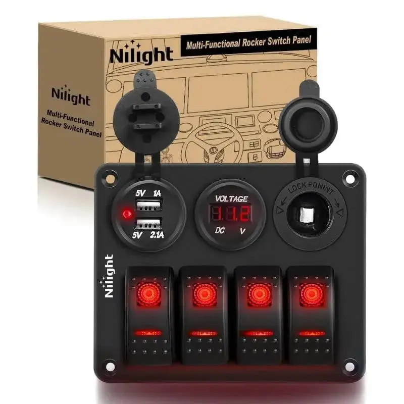 Nilight 4-Gang Pre-Wired ON/OFF Red Rocker Switch Panel, 12-24V Input, Sturdy Aluminum-ABS Build, IP65 Water Resistant, 12V Power Socket, 3.1A (2.1A & 1A) Dual USB Port, Voltmeter, Panel Mount, DIY as You Like, 2 Sets of DIY Stickers for Trucks