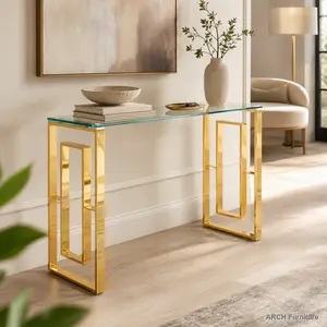 Modern Compact Entryway Sofa Table - Stainless Steel-Reinforced Glass Top, Golden Finish, Quick-Setup Steel Legs Indoor Side Table for Meals, Model BS-02