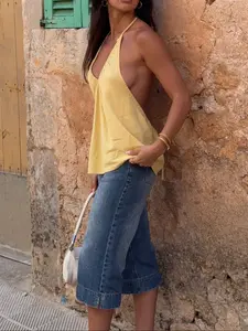Summer Pure Desire V-Neck Halter Vest Top for Women, Slim Fit Sleeveless Shirt, Stylish Backless Design, Perfect for Casual Wear, Casual Sleeveless Crop, Casual Flattering Sleeveless