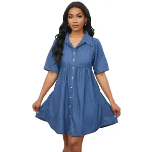 Women Trendy Denim Puff Dress Short Sleeve Loose Hem Casual Summer Women Outfit Comfortable Stylish Fashion