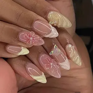 Flower Press on Nails Medium Almond Fake Nails with 3D Flower Butterfly Charms Designs Stick on Nail Cute Summer False Nails Full Cover Acrylic Glue on Nail for Women Manicure 24Pcs