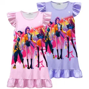HUNTR/X Girls Nightgown Pajamas – Rumi Mira Zoey Sleepwear Dress – Pink and Purple Cartoon Short Sleeve Ruffle Hem Night Dress for Kids Cute Kpop Sleep Outfit