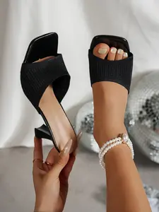 Women's High Heel Sandals, Summer New Knitted Face Toe-Open Half Slippers, Fashion Sexy Thin Heel Outdoor Slip-Ons