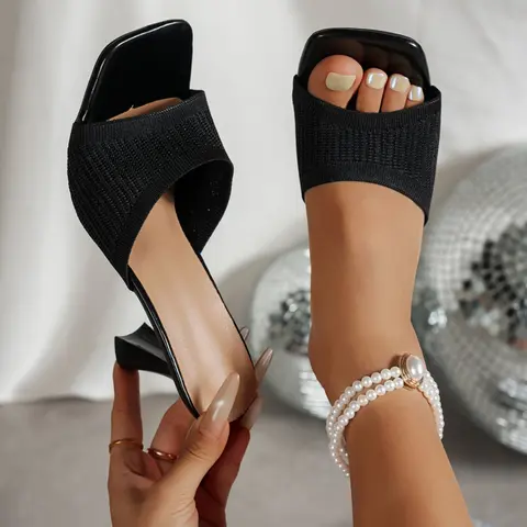 Women's High Heel Sandals, Elegant Sandal Summer New Knitted Face Toe-Open Half Slippers, Fashion Sexy Thin Heel Outdoor Slip-Ons Rubber, Chic Summer Footwear