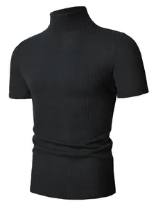 Men's Solid Color Ribbed Short Sleeve T-Shirt, Casual Slim-Fit Long Tee for Summer, Plain Pattern, Moderate Fabric, H Type Silhouette