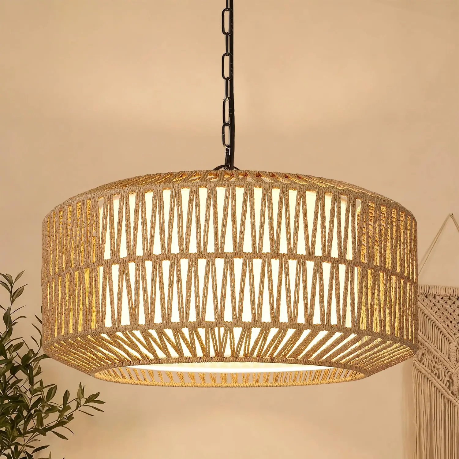 Farmhouse Chandelier Light Fixture, 5-Light Rattan Boho Chandeliers for Dining Room, Hand Woven Pendant Light with Linen Shade, Rustic Hanging Lighting for Kitchen Island, Bedroom (Bulb Not Included)