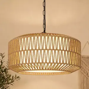 Farmhouse Chandelier Light Fixture, 5-Light Rattan Boho Chandeliers for Dining Room, Hand Woven Pendant Light with Linen Shade, Rustic Hanging Lighting for Kitchen Island, Bedroom (Bulb Not Included)