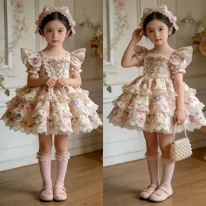Girls’ vintage floral short-sleeve princess dress; lace ruffle tiered dress; children’s formal dress with butterfly sleeves and embroidery outdoorfun