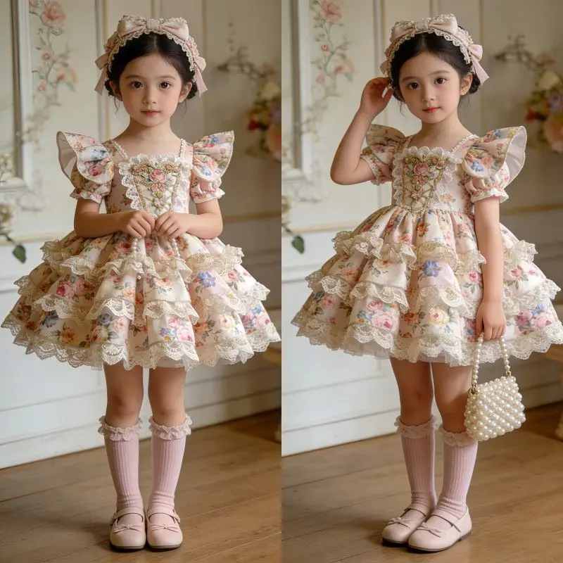 Girls’ vintage floral short-sleeve princess dress; lace ruffle tiered dress; children’s formal dress with butterfly sleeves and embroidery