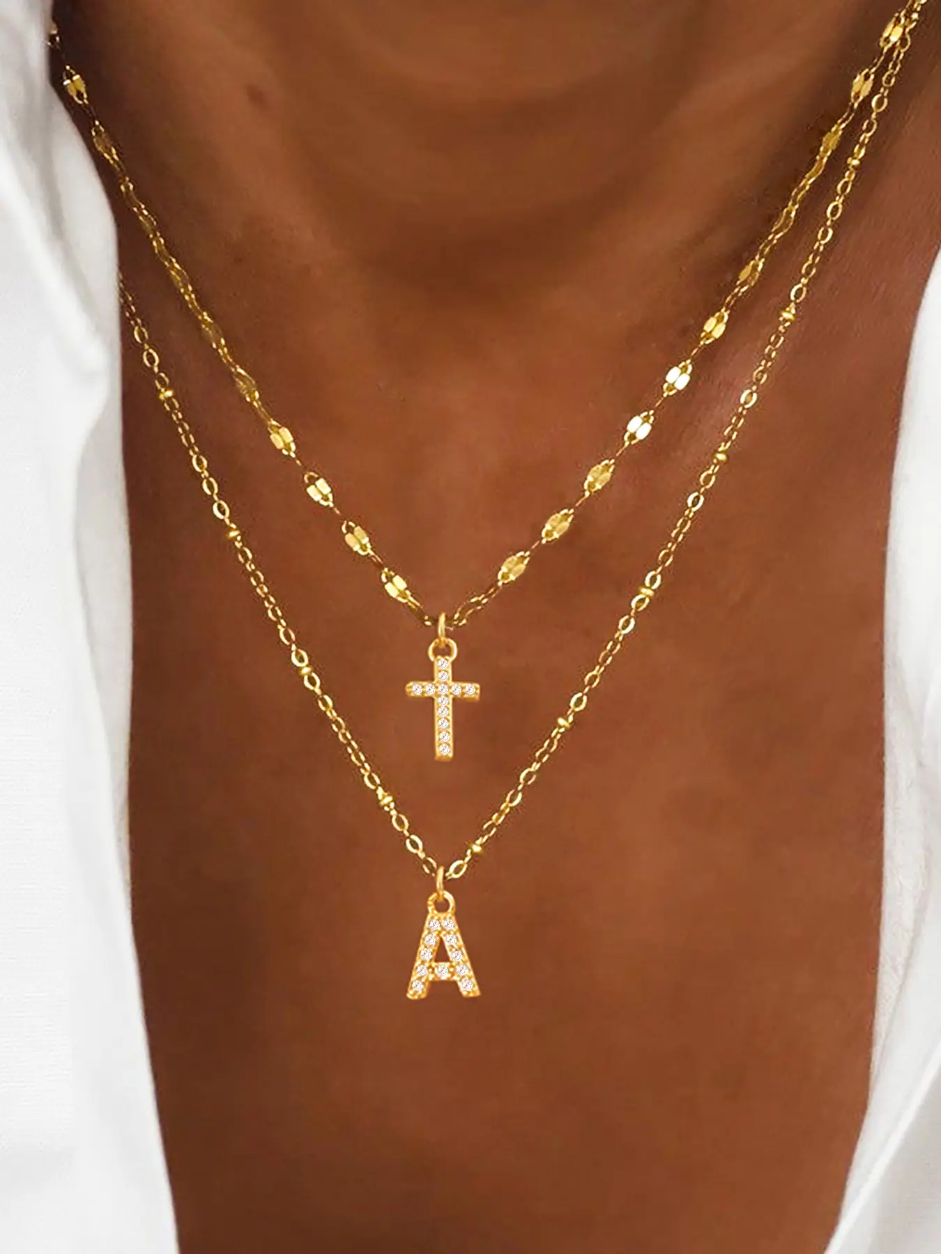 Women's Zircon Letter Cross Design Pendant Necklace Set, Stainless Steel Lip Chain Multi-Layer Layered Necklaces, Casual Style Fashion Necklace Jewelry, Multilayer Necklace