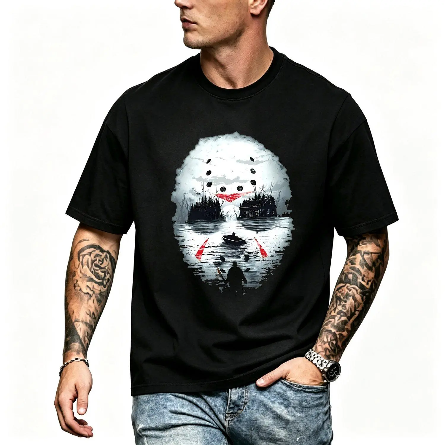Men Short sleeve T shirts Black Friday Horror Movie Graphic Mask Print Round Neck Streetwear Top Summer Regular Fit Casual Shirt for Horror Fans Print