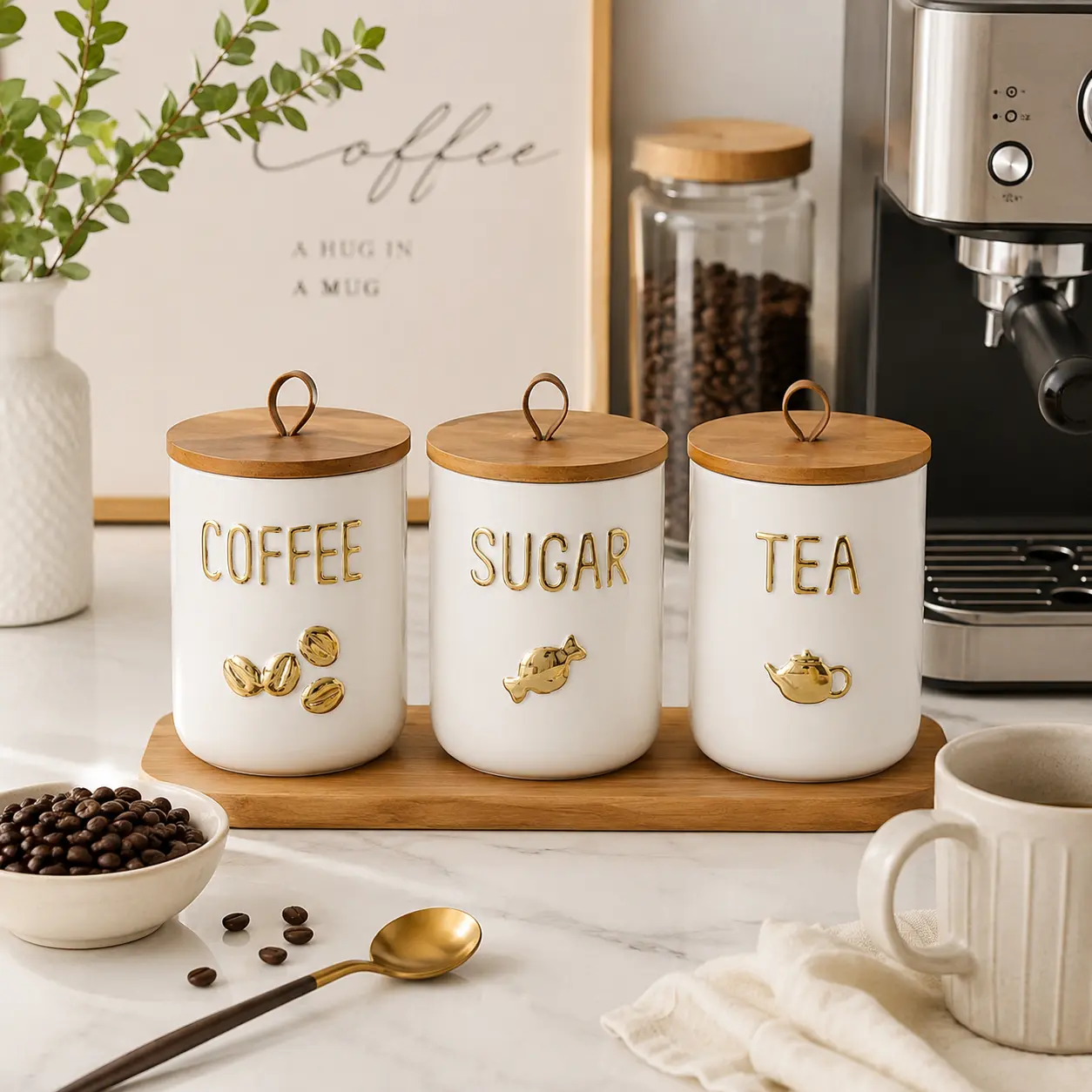 Ceramic Storage Canister with Wooden Lid Coffee Tea or Sugar Ceramic Storage Canister with Wooden Lid Coffee Tea or Sugar