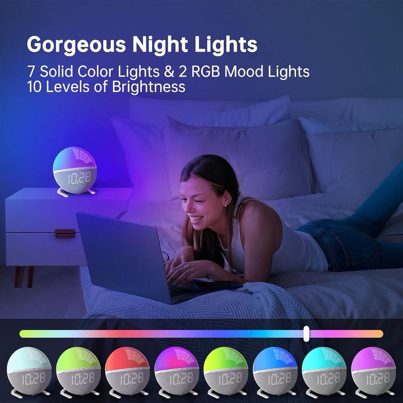 Sunrise Alarm Clock Wake-Up Light with 7-Color Night Lights, Digital Sleep Aid Clock for Heavy Sleepers, Bedroom Decor & Gift for Teens & Adults mirror Projection Rotatable resin sunset