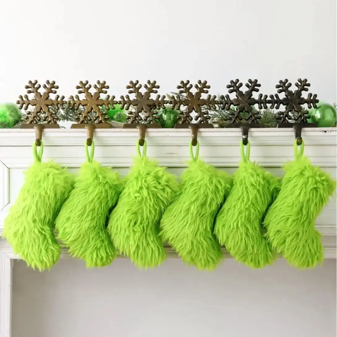 Green Furry Mini Christmas Stockings: 6Pcs 9 Inches Faux Fur Christmas Hanging Stocking, Lush Lime Green Fuzzy Xmas Stockings, Ultra Soft Christmas Décor Candy Bags Home Gifts Party Supplies