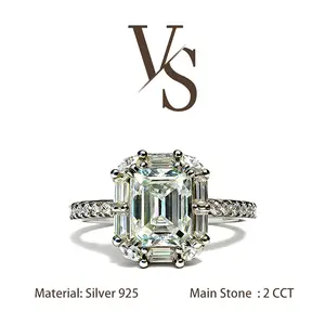 [Venus Jewelry] Synthetic Moissanite 2 CCT Emerald Cut Luxury Halo Design VVS 1 D Color Solid Silver 925 Solitare Ring