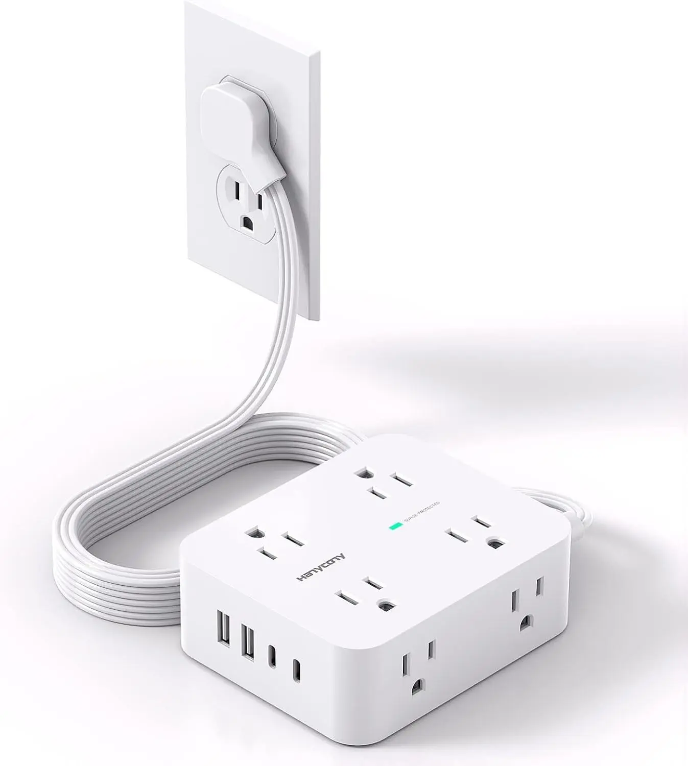 Surge Protector Power Strip, Extension Cord with Multiple Outlets, 5 Ft Ultra Thin Flat Plug 8 Outlets 4 USB Ports(2USB C), 1080J Outlet Extender for Home Office College Dorm Room Essentials