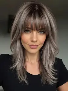 Silver Medium Length Wig, 18 Inch Synthetic Fiber Hairpiece for Women, Straight with Bangs Natural Look, All Season Wear, Synthetic Material Wigs