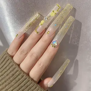 Glitter Rhinestone Decor Fake Nails, 10pcs/set Long Square Press on Nails for Women & Girls Diy Nail Art, Elegant Stick on Nails Kit, Iridescent Glitter