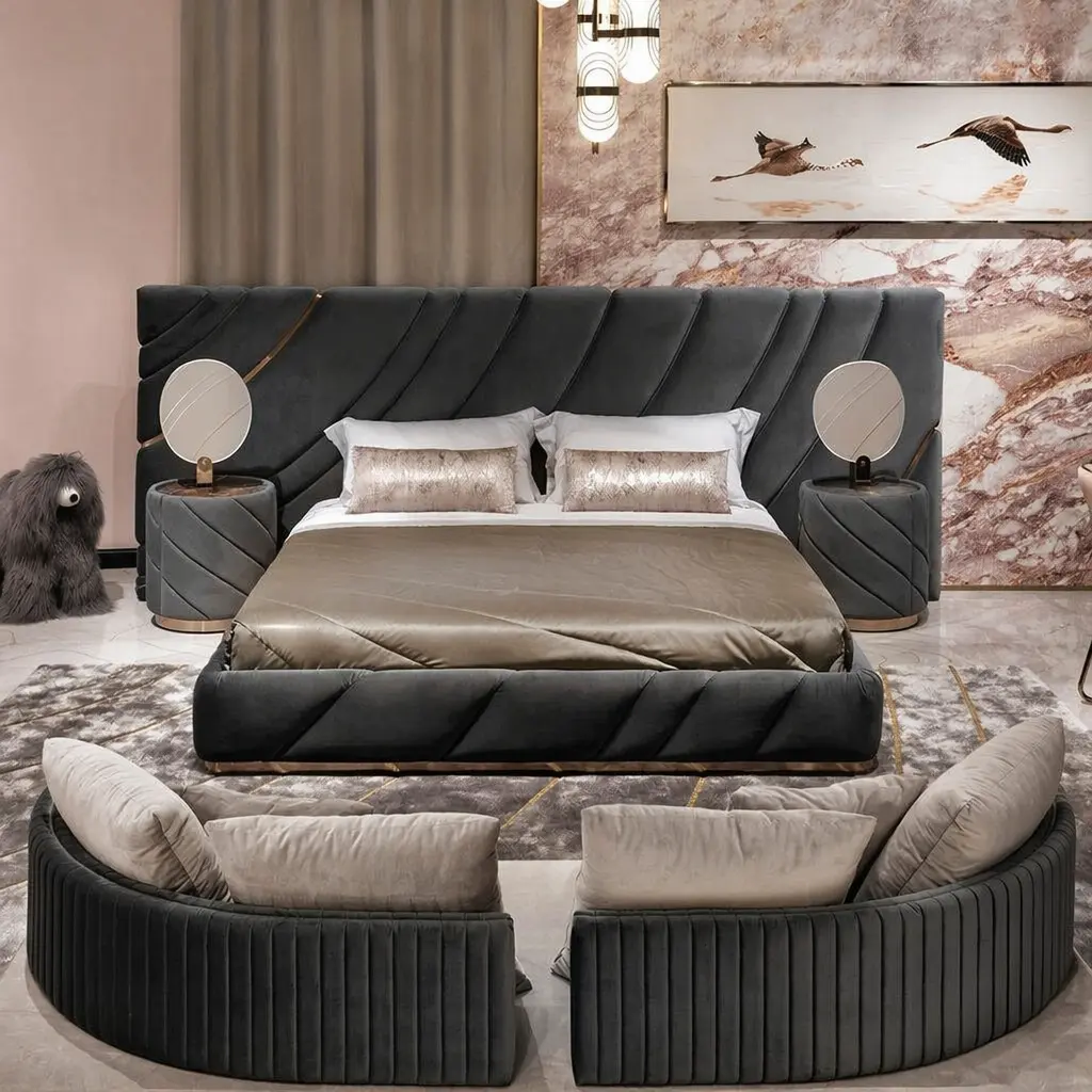 Elegant Luxury Queen Upholstered Bed Frame, Modern Design Bed with Tall Headboard, Home Bedroom Decor Furniture