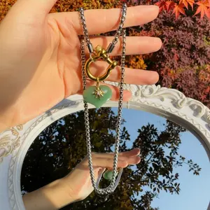 Heart Crystal Pendant Necklace Horseshoe Clasp Adjustable Chain Gold Silver Options Green Aventurine Rose Quartz Amethyst Jewelry Gifts for Her