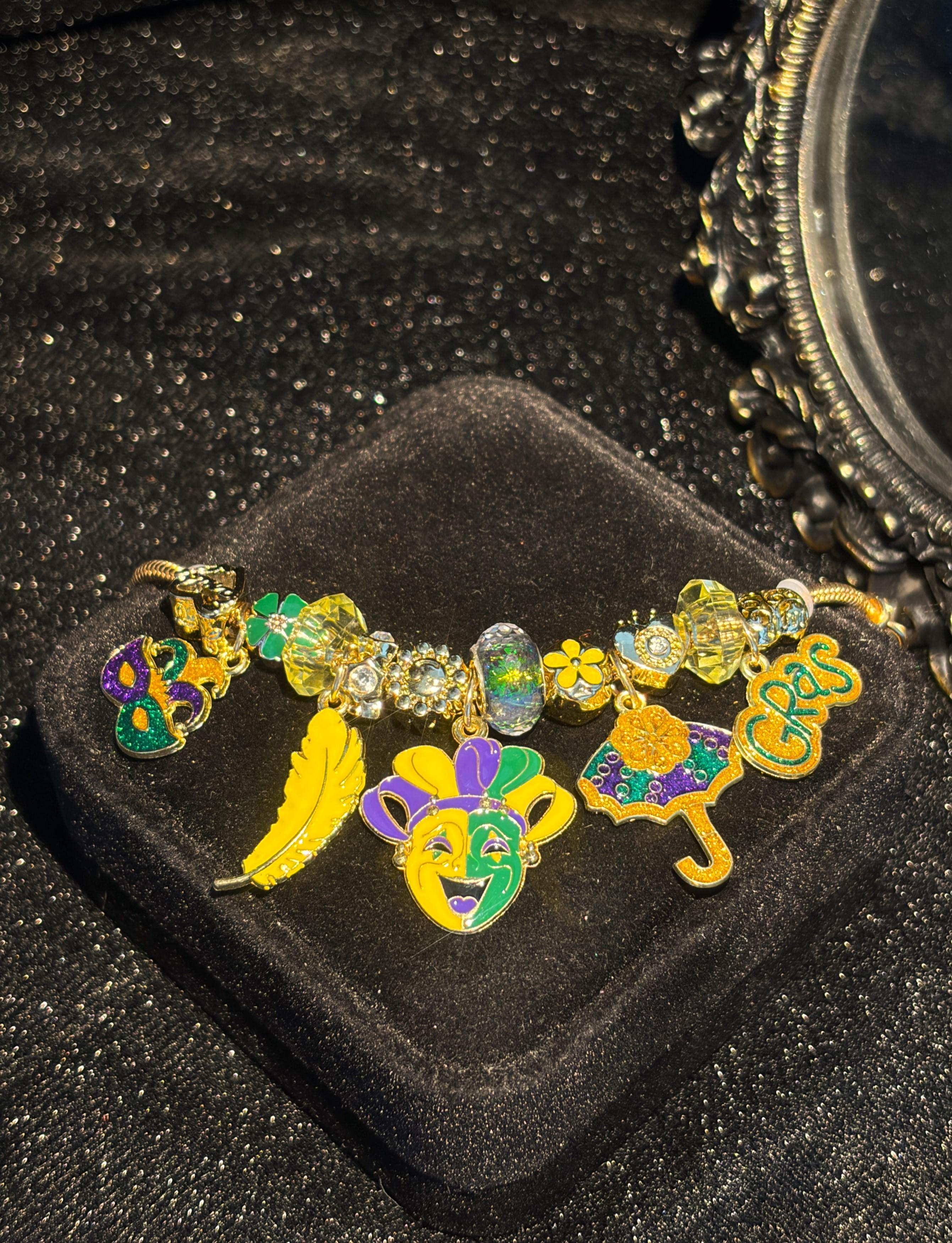Women's Gold-Tone Snake Chain Charm Bracelet with Colorful Mardi-Gras-Inspired Enamel Dangle Charms, Birthday Costume Jewelry Gift