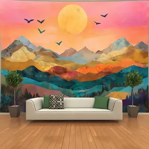Vibrant Mountain Landscape Tapestry - Polyester Wall Hanging with Sunset, Forests & Birds - Stunning Home Decor for Bedroom, Office, Living Room - Includes Mounting Accessories, Landscape Decor, Bedroom Wall Art |     Serene Mountain Scene |     Durable W