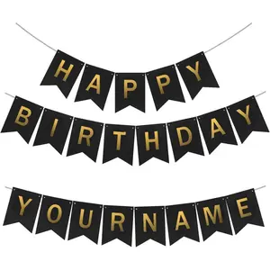Custom Birthday Banner With Name, Make Your Own Happy Birthday Bunting for Bday Party, Black Sign With 26 A-Z Letter Banners 2 Set