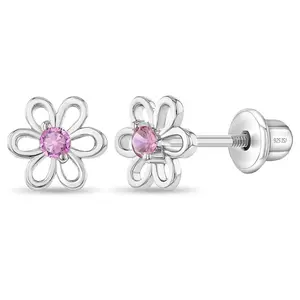 Spring Cubic Zirconia Flower Baby / Toddler / Kids Earrings Screw Back - Sterling Silver