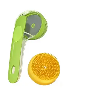 2026 New Model 2-in-1 Pet Bath Brush with Built-In Shampoo Dispenser for Easier Bathing. It’s a soft massage tool suitable for dogs and cats with fur or short fur, perfect to use during a shower. Convenient for grooming long fur. Green and yellow will be