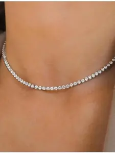 Silver Plated Diamond Tennis Necklace - Dainty Cubic Zirconia Chain Necklace for Women