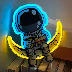 Space Astronaut Neon Sign, Led Neon Lights, LED Light Decorative Lighting - Moon Design, Ice Blue & Yellow Neon Wall Decor for Bedroom, Game Room, Man Cave, Dorm, USB-Powered Cute Space-Themed Room Decor Gift for Space Fans, Teens and Adults