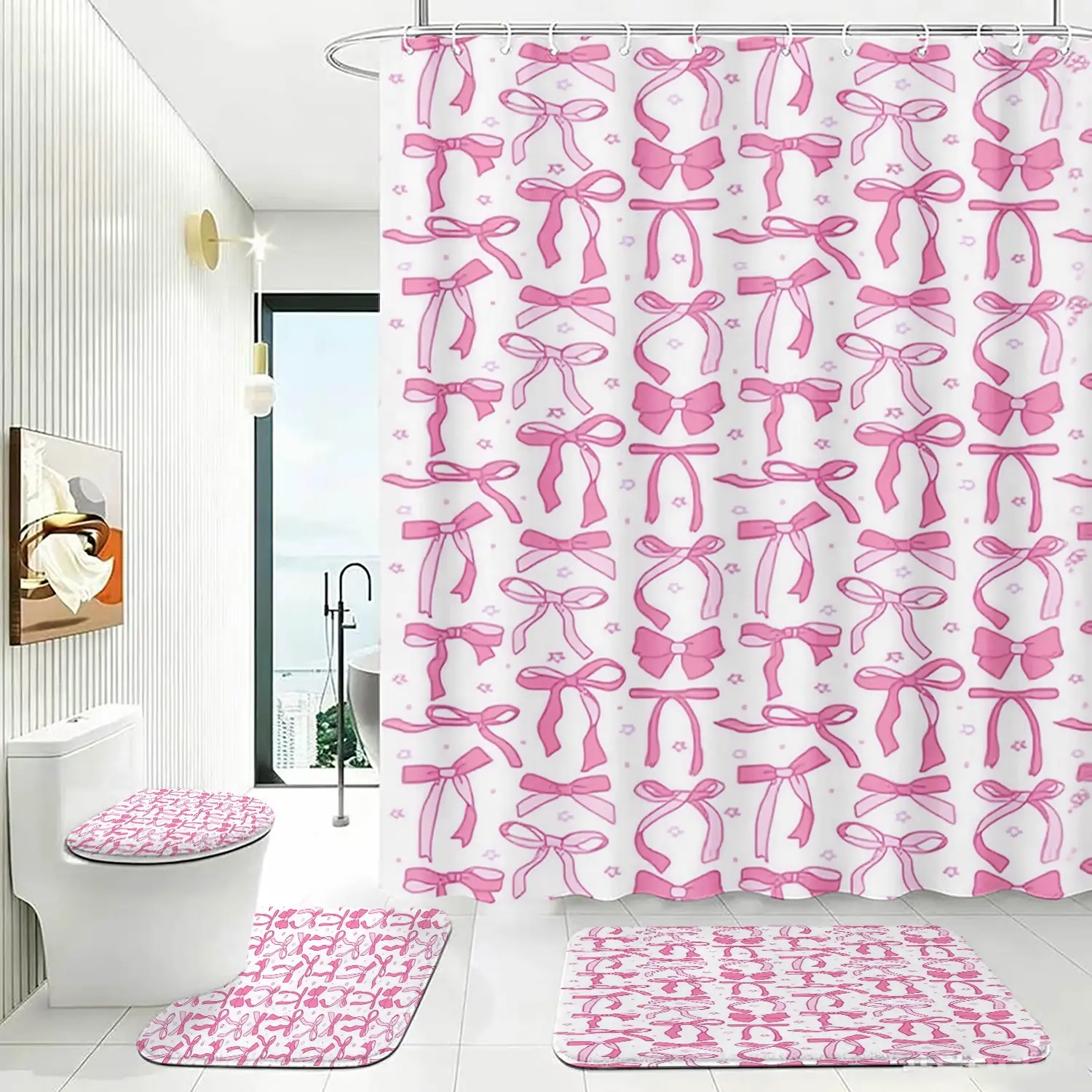 4pcs Pink Bow Pattern Shower Curtain Set, Cute Coquette Ribbon Print,The floor mat fabric is thicker and softer!  Girly Aesthetic Bathroom Decor, Curtain & Rugs Combo, Perfect for Festive Sweet Vibe