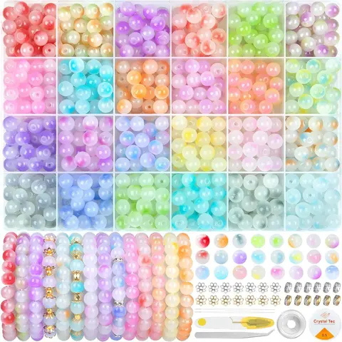 Beginner-Friendly 480Pcs 8mm Mixed Color Glass Beads Mix, Jewelry Making Supplies, 24 Vibrant Colors Handmade Beading Material for DIY Earrings, Necklaces